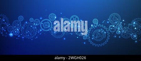 Abstract blue technological background  with cogwheels and plexus effect. Vector Stock Vector