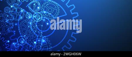 Abstract blue technological background  with cogwheels and plexus effect. Vector Stock Vector