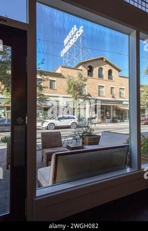 View through window looking out at hotel Congress vertical Stock Photo