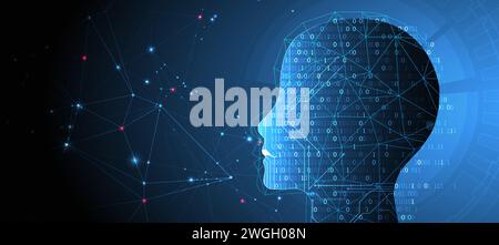 Artificial Intelligence. Technical background with a silhouette of a man. Big data concept. Machine cyber mind. Stock Vector