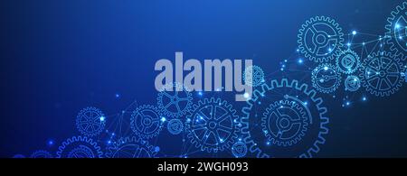 Abstract blue technological background  with cogwheels and plexus effect. Vector Stock Vector