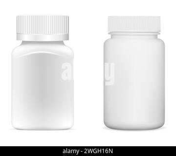 Supplement jar. Pill bottle mockup, vector template. White plastic vitamin package design closeup. Tablet package blank, small pillbox for medicine pr Stock Vector