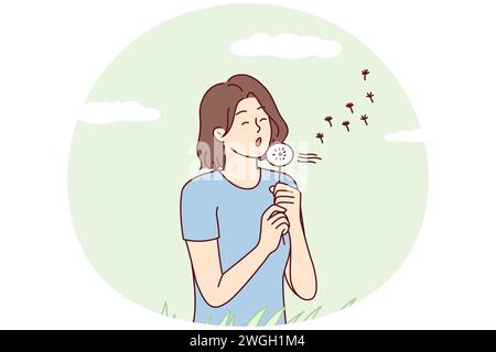 Carefree woman walks in clearing holding dandelion in hands and blows off petals flying away through wind. Relaxed girl walks along green meadow among grass enjoying spring weather. Flat vector design Stock Vector