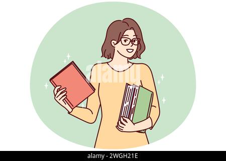 Smart young woman holds several books in hands choosing literature for reading in spare time. Girl in glasses stands with textbooks to prepare for term paper or university exams. Flat vector design Stock Vector