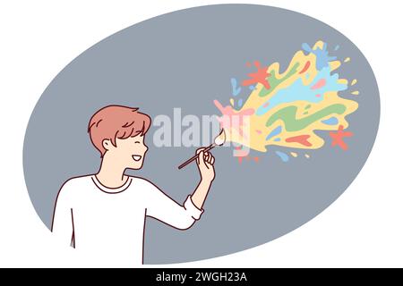 Cheerful male artist applying paint on wall drawing abstract colorful blots for interior decoration. Creative guy in white t-shirt creates trendy art object. Flat vector illustration Stock Vector