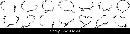 Comic hand drawn loose speech bubble frame set. Cute line decoration for title, notes, dialog, chat, think, headline, talk, comment expression. Callou Stock Vector