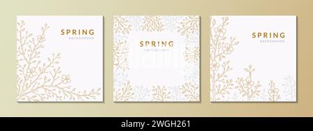 Set of square spring backgrounds with golden and silver sakura branches in bloom. Elegant greeting card, wedding invitation, social media post templat Stock Vector