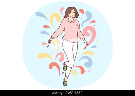 Woman walks in weightlessness and waves arms located among multi-colored drops flying in different directions. Carefree girl feels happy after dating or taking antidepressants. Flat vector design Stock Vector