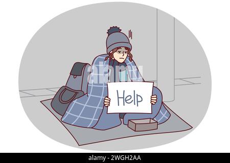 Homeless woman covered with blanket asks for alms sits on ground with inscription help on paper. Unhappy girl outdoor who lost property is in financial trouble and needs support. Flat vector design Stock Vector
