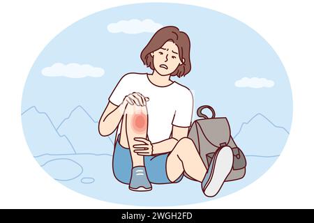 Weakened woman sits on ground with fear looks at wound on leg after fall during walk. Traveler girl was injured during hike and needs healing ointment or dressing of fracture site. Flat vector image Stock Vector