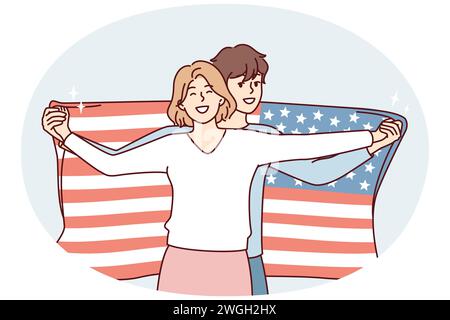 Friendly couple of man and woman posing with USA flag demonstrating patriotism. Guy american stands behind girl hugging girlfriend and stretching national banner on july 14th eve. Flat vector design Stock Vector