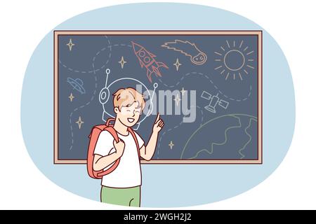 Joyful boy with backpack behind back stands near blackboard depicting universe with spaceships and planets. Schoolboy is fond of astronomy with drawings of UFOs and satellite ships. Flat vector image Stock Vector