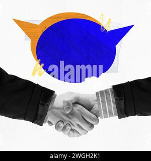 Poster. Modern aesthetic artwork. Two people shaking hands with blue and yellow speech bubbles symbolized greetings. Stock Photo