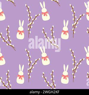 Repeating pattern featuring white rabbits with pink bows and white willow branches on purple pastel colors backdrop, typically used for festive Easter Stock Vector