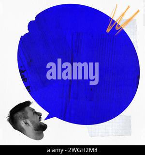 Poster. Contemporary art collage. Positive young man talking with speech bubble which symbolized big news. Negative space for text. Stock Photo