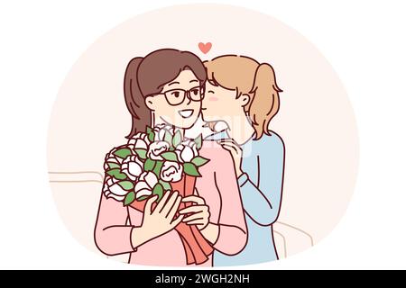 Loving teenage girl gives flowers to mom on eve of eighth of March or mother day. Child kisses woman on cheek after presenting bouquet to babysitter for good job. Flat vector illustration Stock Vector