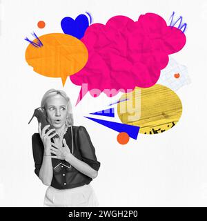 Poster. Modern aesthetic artwork. Excited woman talking to heel with creative colorful speech bubbles. Latest gossip and news. Stock Photo