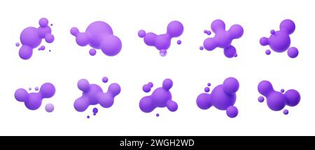 Purple 3D morphing balls. Liquid blobs like lava lamp. Fluid 3D metaballs. Colorful vector illustration for cards, posters, advertising, flyers. Isola Stock Vector