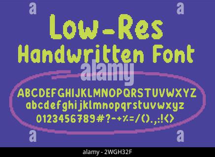 Vector Low-Res Handwritten font alphabet, numbers and symbols Stock Vector