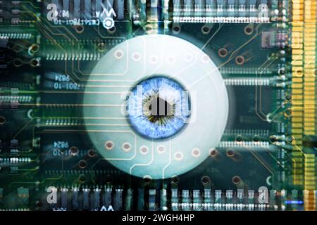 Artificial eye on computer board, artificial intelligence, deep learning Stock Photo