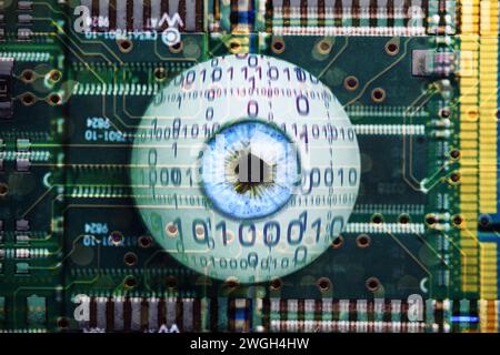 Artificial eye on computer board, artificial intelligence, deep learning Stock Photo