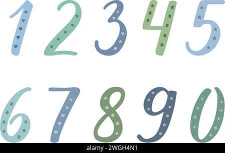 Numbers 1, 2, 3,  4, 5, 6, 7, 8, 9, 0 handwritten lettering with thick and thin lines. Blue and green figures decorated with patterns on white. Stock Vector