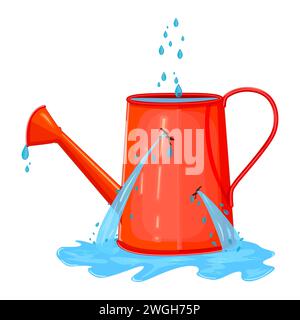 Leaking watering can.Pail with hole full water.Water leaking from broken watering pot.Useless watering can.Water is poured out of hole in watering can Stock Vector