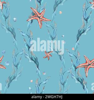 Seamless background with starfish and algae. Starfish is drawn by hand ...