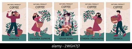 Coffee package. Bean label pattern or colombia and ethiopia beverage. Cafe poster, kenya plantation harvest picker, organic drink. Man and women harvesting. Vector design, cartoon flat illustration Stock Vector