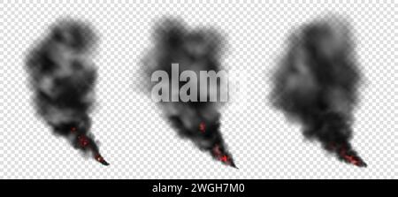 Black smoke. Explosion fire clouds from trail or factory exhaust. Realistic dark burn in sky. Transparent gas and fog. Smoky texture. Flame fume flow effect. Chimney pollution. Vector 3D elements set Stock Vector