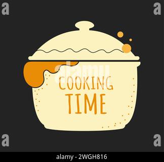 Cook logo. Restaurant kitchen chef emblem. Cooking time. Food preparing pan. Culinary course service sign. Gourmet cookery badge. Dinner pot. Gastronomy symbol. Cooker saucepan. Vector label design Stock Vector