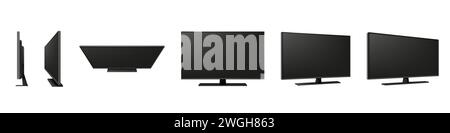 Smart TV. Television plasma screen. Realistic monitor view angles. 3D led 4K electronic or black LCD computer display. Wall frame. Isolated multimedia equipment. Media HD device. Vector mockups set Stock Vector