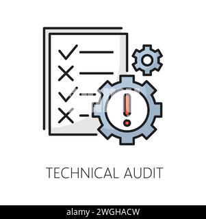 Technical audit. Web audit icon. Website content audit, web performance report or SEO traffic control outline vector icon, marketing research thin line sign or symbol with cogwheel and checklist Stock Vector