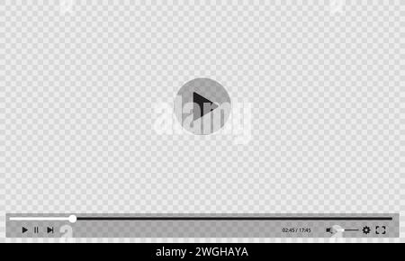 Video player transparent interface background with play buttons, vector template. Digital web video player window with screen frame with menu control bars and media player transparent layout Stock Vector