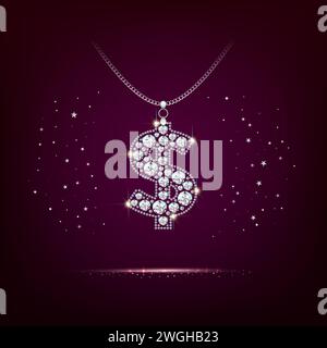 Jewelry - dollar sign with diamonds. Pendant pendant on a chain.. Realistic style. Dark red background. Vector Stock Vector