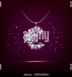 Jewelry - euro sign with diamonds. Pendant pendant on a chain.. Realistic style. Dark red background. Vector Stock Vector