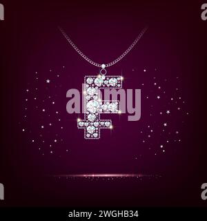 Jewelry - franc sign with diamonds. Pendant pendant on a chain.. Realistic style. Dark red background. Vector Stock Vector