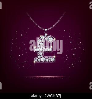 Jewelry - poud sign with diamonds. Pendant pendant on a chain.. Realistic style. Dark red background. Vector Stock Vector