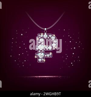 Jewelry - ruble sign with diamonds. Pendant pendant on a chain.. Realistic style. Dark red background. Vector Stock Vector