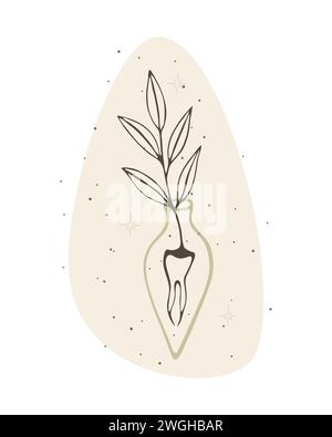 Mysterious magical poison. Illustration of an unreal plant emerging from the root of tooth on motley beige background, potion, taro, witchcraft bottle Stock Vector