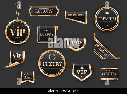 Golden VIP luxury labels and banners or premium quality stickers, vector ribbons and badges. VIP certificate labels and tags with shiny golden wreath, star and royal crown on black badges or pendant Stock Vector