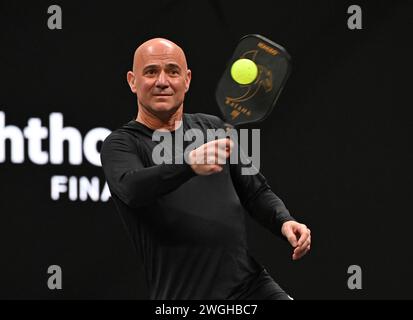 Hollywood FL, USA. 04th Feb, 2024. Andre Agassi plays during The Pickleball Slam 2 at Hard Rock Live held at the Seminole Hard Rock Hotel & Casino on February 4, 2024 in Hollywood, Florida. Credit: Mpi04/Media Punch/Alamy Live News Stock Photo