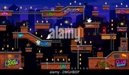 Arcade roof game level map interface. Graffiti and golden coins, roof platforms and metal stairs, ghosts and traps. Vector 2d night urban cityscape location with jumping islands, ladders and monsters Stock Vector