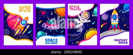 Cartoon space travel posters of cute astronaut and alien vector characters, galaxy planets and spaceships. Funny space travelers personages, rocket, UFO and starship, comets and stars in outer space Stock Vector