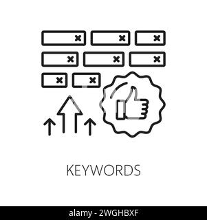 Keywords. SEM. Search engine marketing. SEM performance, online campaign or search engine marketing service outline vector sign, social media ads analytics thin line pictogram or icon with thumb up Stock Vector
