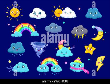 Cartoon cute weather characters of sun, cloud, moon and rainbow. Vector personages of sunny, rainy and snowy clouds with rain drops, lightning bolts, stars and wind, snow, tornado vortex, snowflakes Stock Vector
