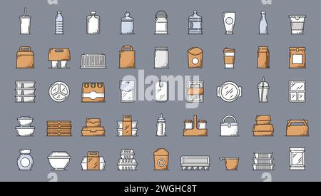 Plastic food containers and package color icons. Fast food meals and drinks disposable packaging, dairy products, water and beverage bottles, takeaway food delivery plastic containers line pictograms Stock Vector