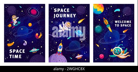 Cartoon space posters. Cosmos adventure, universe research or space discovery vector leaflets or banners. Galaxy exploration posters or flyers with kid and alien astronaut in spacesuit, rocket and UFO Stock Vector