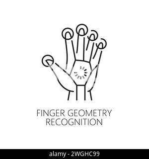 Finger geometry recognition outline icon, depicts a hand with unique finger patterns, symbolizing secure access through biometric fingerprint technology. Biometric identification and verification sign Stock Vector
