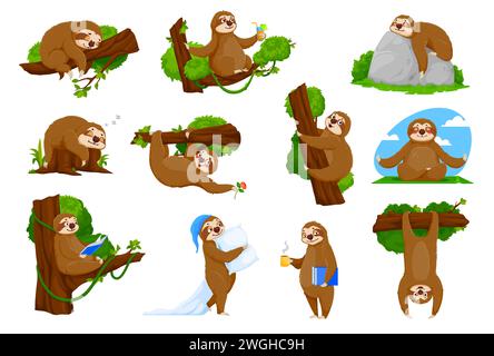 Cartoon funny sloth characters of cute lazy sleeping animal vector set. Sloth or tropical jungle sleepy bear hanging on tree, sleeping or snooze with pillow in pajamas, drinks coffee and reads book Stock Vector